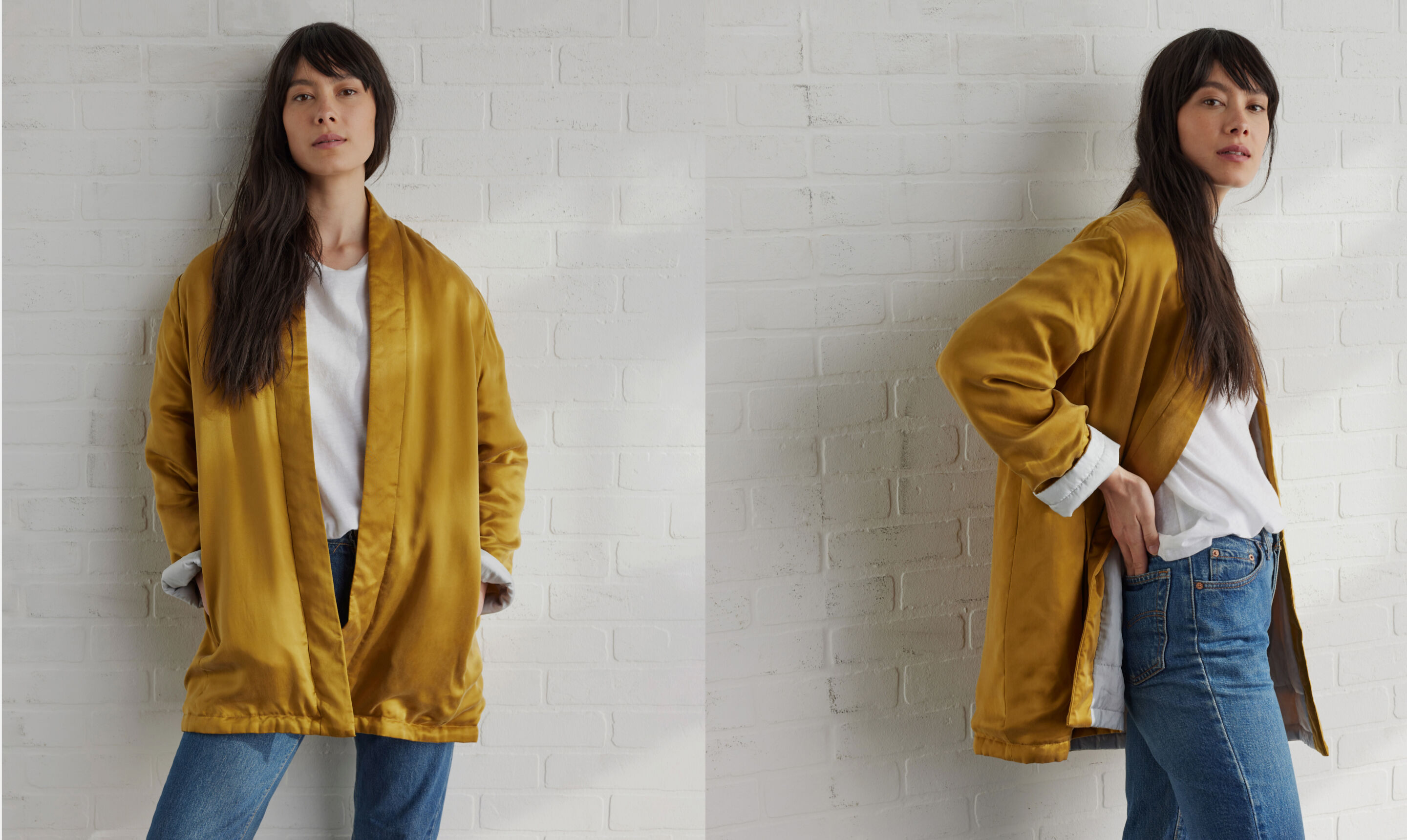 Woman wearing seasonless yellow silk jacket from EILEEN FISHER.